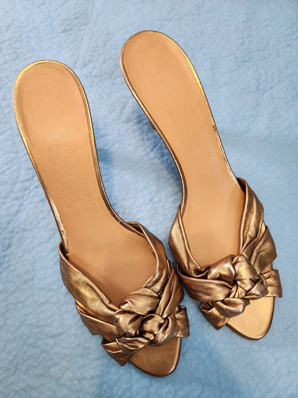Salvatore Ferragamo Bronze Knot-Wrap Slide Heels